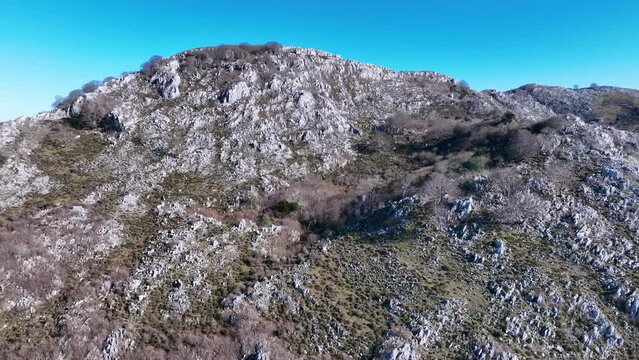 Aerial view from a drone of the landscape around the Juncal channel under Arma&ntilde;&oacute;n and Los Jorrios near the Juncal reservoir and the Las Nieves hermitage. Angostina. Cantabria. Spain. Europe