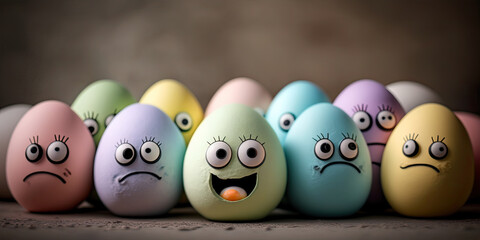 Funny eggs with smiling faces, uniqueness and monotony, self-identification in a social society. ai generative. 
