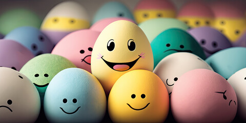Funny eggs with smiling faces, uniqueness and monotony, self-identification in a social society. ai generative. 