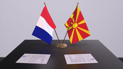 North Macedonia and France national flags on table in diplomatic conference room. Politics deal agreement 3D illustration