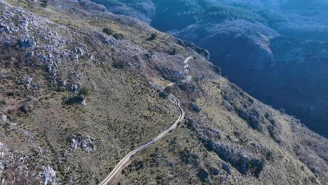 Aerial view from a drone of the landscape around the Juncal channel under Arma&ntilde;&oacute;n and Los Jorrios near the Juncal reservoir and the Las Nieves hermitage. Angostina. Cantabria. Spain. Europe