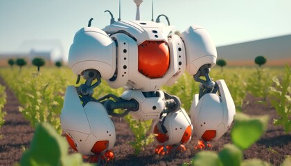 modern white robot guarding the tomato field farm, Generative AI