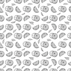 Tropical seamless pattern with yellow lemons and lemon slices hand draw illustration vector