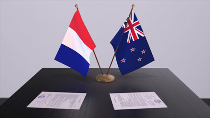 New Zealand and France national flags on table in diplomatic conference room. Politics deal agreement 3D illustration