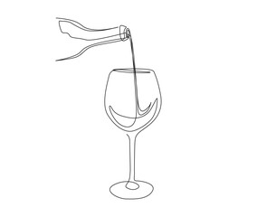 Continuous one line drawing of abstract pouring wine into the wine glass. simple wine glass line art vector illustration.