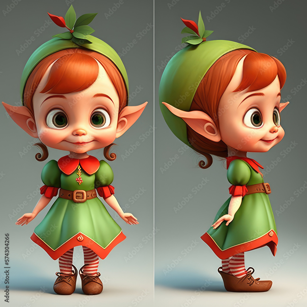 Canvas Prints cute young elf girl 3d character. cartoon fairytale baby elf with big eyes, green dress and sharp ea