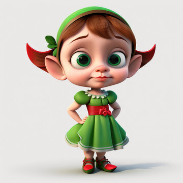 Cute Young Elf Girl 3d Character Isolated On White Background. Cartoon Fairytale Baby Elf With Big Eyes, Blonde Hair, Green Dress And Sharp Ears.  3d Render Illustration. Generative AI Art.