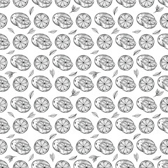 Tropical seamless pattern with yellow lemons and lemon slices hand draw illustration vector