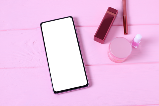 Mobile phone and cosmetic set on wooden table, mockup