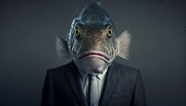 Portrait of a fish in business suit on isolated background. Generative AI