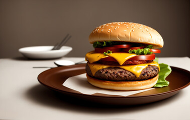 Beautiful appetizing Burger, close-up side view. Tasty American Double Sandwich. Generative AI.