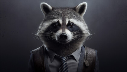 Portrait of a raccoon in business suit on isolated background. Generative AI 