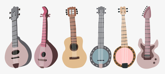 Guitar set. Acoustic guitar, electric guitar banjo and  mandolin on white background. String musical instruments. Cute flat cartoon style. Vector illustration - obrazy, fototapety, plakaty
