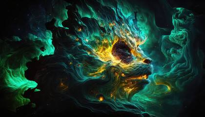 The Celestial Beast - an abstract hyperrealistic artwork of a magical malachite nebula creature with vibrant glowing eyes, a stunning wallpaper background