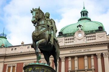 The Republic Square (Trg Republike in Serbian) with old Baroque style buildings, the statue of Prince Michael and the National Museum.
