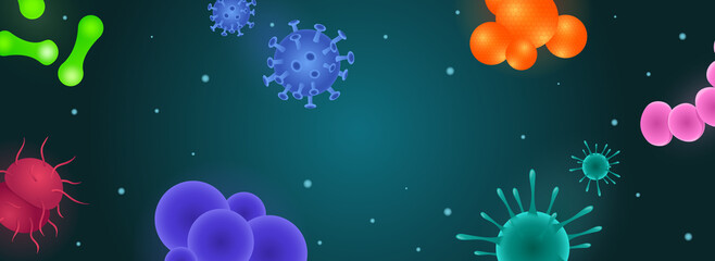 Obraz na płótnie Canvas Bacteria horizontal web banner. Microscopic viruses, microorganism and microbes in different shapes and types, bacterium cells. Illustration for header website, cover templates in modern design