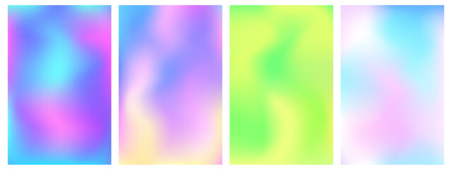 Y2K holographic gradient set. Vibrant ans pastel mesh gradient backgrounds. Soft blurry pink, blue and mint textures for social media templates and other graphic designs. © Alina Kolyuka