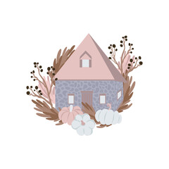 House decorated with pumpkin, branches and twigs.