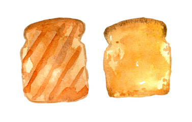 Watercolor set of toasts. Hand-drawn illustration isolated on the white background