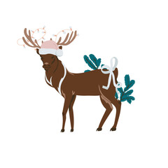 Deer decorated with christmas arrangement.