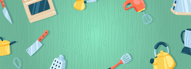 Fototapeta na wymiar Kitchen appliances horizontal web banner. Knife, oven, mixer, cezve, saucepan, grater, whisk, spatula, toaster and utensils. Illustration for header website, cover templates in modern design
