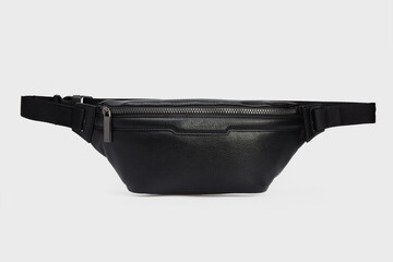 Fashion unisex business Office Waist Belt Bag isolated White Background. Black Leather Banana Bag, waist bag, bumbag with zipper for men, women. Front view. Template, mock up