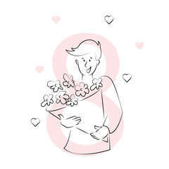male character holding a bouquet of flowers for March 8, vector illustration, contour drawing