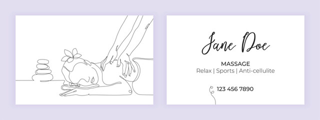 A business card for a masseur or spa salon. Vector one line illustration with massage, editable stroke. Business card template