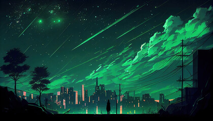 Green cloud illustration with stars and cityscape. Generative AI.