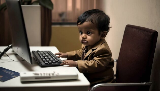 bébé en costume en train de travailler sur son ordinateur installé à son bureau - illustration ia