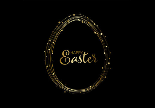 Happy Easter minimalistic black card template with Easter egg made from golden lines