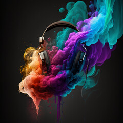 pair of headphones with colorful paint splatters. Generative AI.