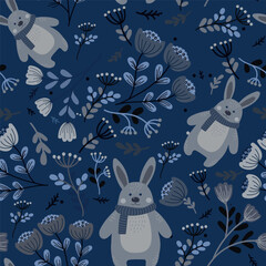 Seamless pattern with decorative flowers and leaves and hares. Vector file for designs.