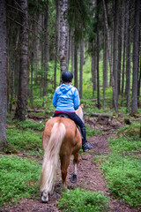 Woman horseback riding in forest trail