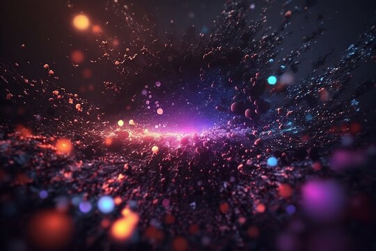 Magical neon background with blur and tiny particles, explosions and swirls of glitter and confetti. Abstract dark background. Generative AI