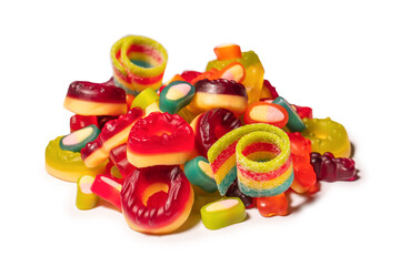 Assorted colorful gummy candies. Top view. Jelly donuts. Jelly bears. Isolated on a white background.