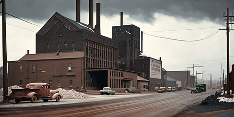 Gritty winter illustration of an old steel mill with retro 1940s cars on the road and steelworkers walking to work. Fictional location.