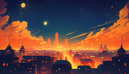 Fototapeta na wymiar Orange cloud illustration with stars and cityscape. Generative AI.