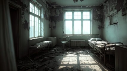 An abandoned hospital room, with remnants of furniture. A bed in the center of the room. The setting for a horror movie.