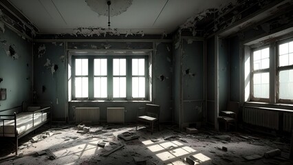 An abandoned hospital room, with remnants of furniture. A bed in the center of the room. The setting for a horror movie.