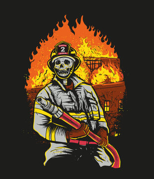 A skeleton firefighter holding fire hose with a fire building