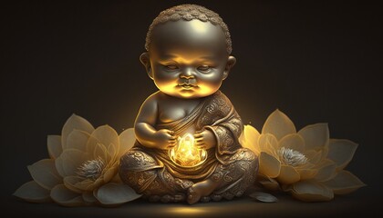 Small Golden Buddha with Crystal Defects Around It Generated by AI