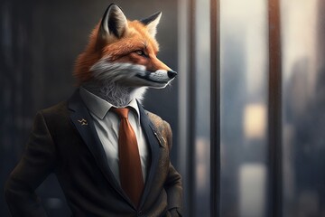 Portrait of fox in a business suit at the office. Cunning as a fox concept. Generative AI Technology