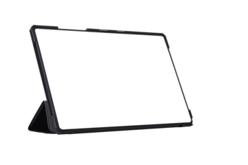 Black tablet on stand for full screen side view