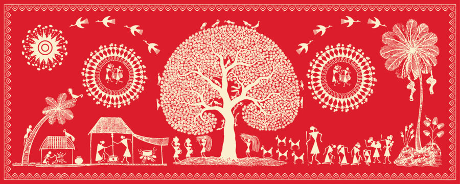 Beautiful warli painting with indian rural life. Rural area with beautiful nature in warli wall painting. Illustration, Vector, Drawing.