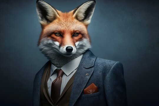 Portrait of fox in a business suit at the office. Cunning as a fox concept. Generative AI Technology