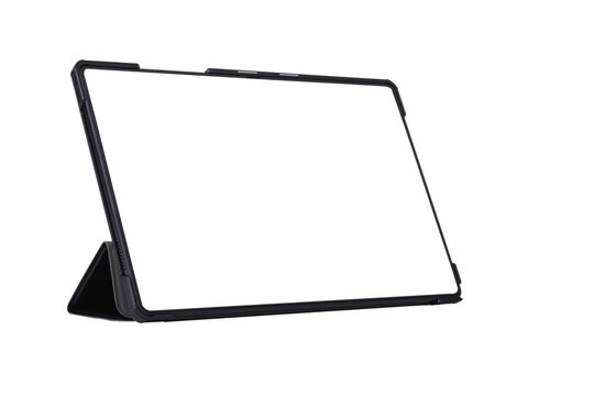 Black tablet on stand for full screen side view