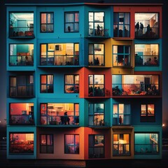 Representation of Building of Apartments Full of color and Occupied Generated by AI