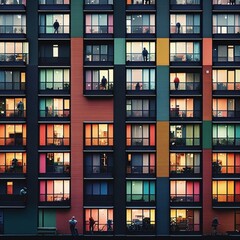 Representation of Building of Apartments Full of color and Occupied Generated by AI