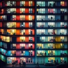 Representation of Building of Apartments Full of color and Occupied Generated by AI